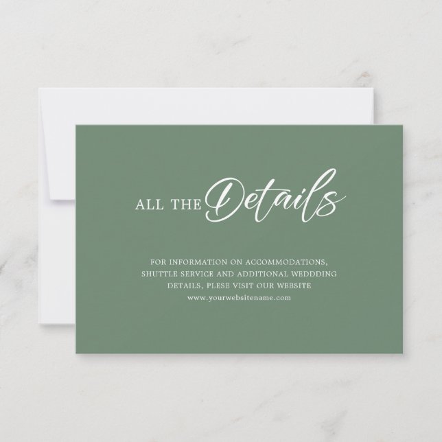 Simple Black Script On Sage Green Wedding Details Invitation (Front)