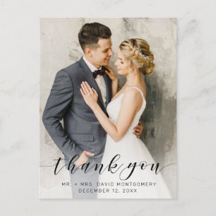 Simple Black Script Wedding Photo Thank You Postcard