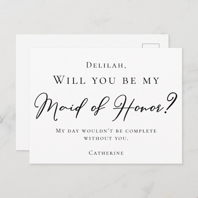 Simple Black Script Will You Be My Maid of Honour Postcard (Front/Back)