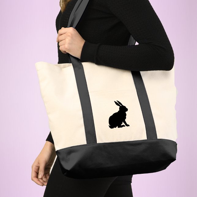 Simple black Sillhouette Sitting Rabbit Tall Ears Tote Bag (Minimalist black sitting rabbit in silhouette form on tote bag.)