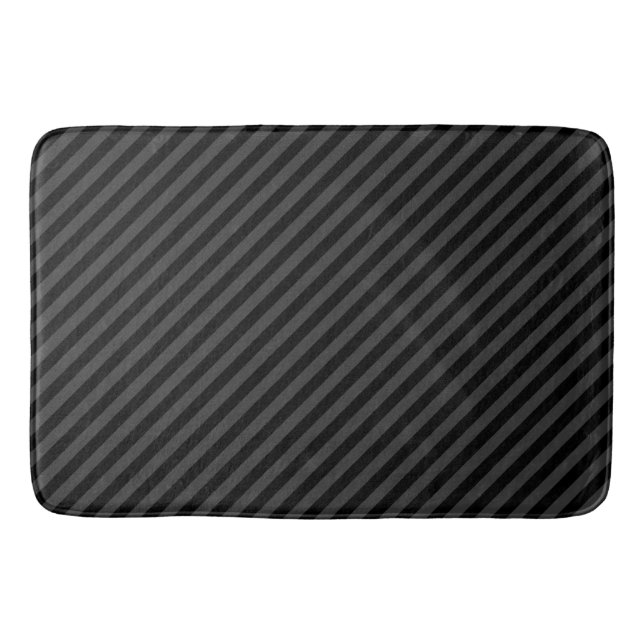 Simple Black & Smoky Black Narrow Diagonal Stripes Bath Mat (Front)