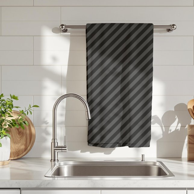 Simple Black & Smoky Black Narrow Diagonal Stripes Tea Towel (Creator Uploaded)