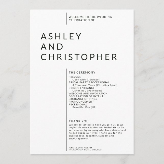 Simple Black Split Margin Wedding Ceremony Program (Front)