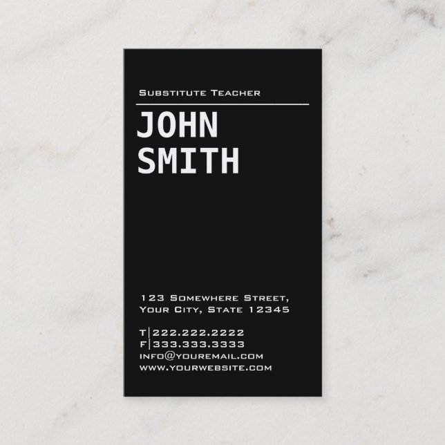 Simple Black Substitute Teacher Business Card (Front)