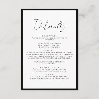 Simple Black Tie White Script Wedding Details Enclosure Card