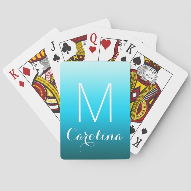 Simple Black to Aqua Blue Gradient Monogram Playing Cards (Back)