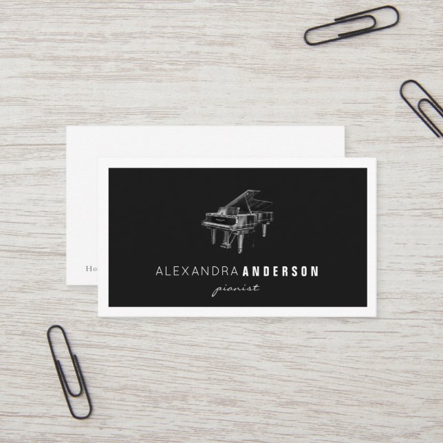 Simple Black Vintage Piano Pianist Business Card (Front/Back In Situ)
