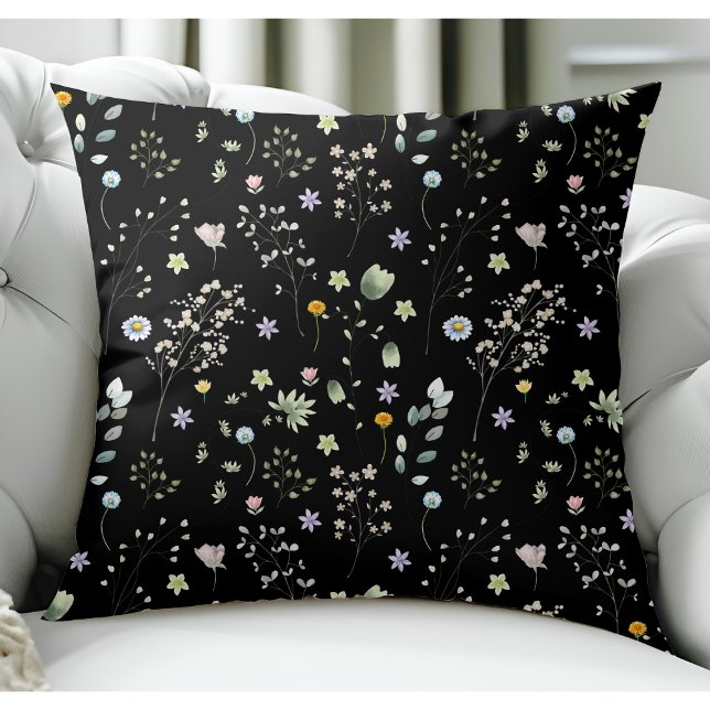 Simple Black Watercolor Floral Pattern Cushion (Creator Uploaded)