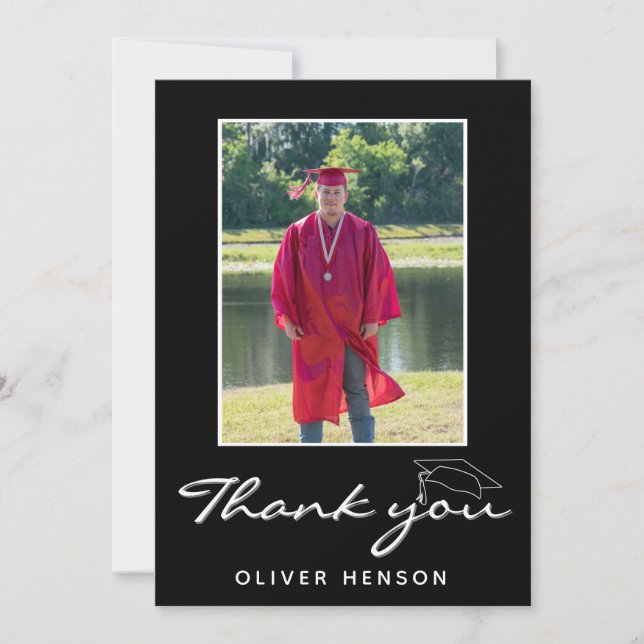 Simple Black Watercolor Graduation Photo Thank You Card (Front)