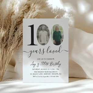 Simple Black & White 100th Birthday Party Photo Invitation