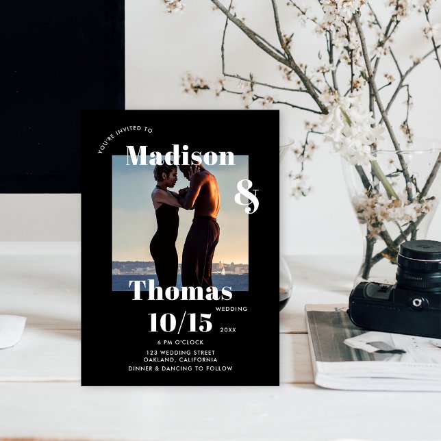 Simple Black White 1 Photo Bold Minimalist Wedding Invitation (Creator Uploaded)