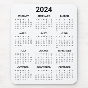 Simple Black & White 2024 Year At Glance Calendar Mouse Pad