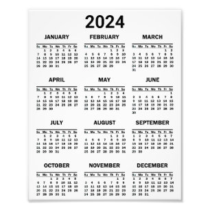 Simple Black & White 2024 Year At Glance Calendar Photo Print
