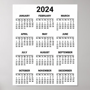 Simple Black & White 2024 Year At Glance Calendar Poster