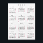 Simple Black White 2026 New Year Magnetic Calendar<br><div class="desc">Custom,  beautiful elegant script typography,  simple plain black and white,  2026 full year,  home room office decor,  cool,  thin,  postcard size,  yearly calendar magnet,  for any magnetic surface at home or office. Makes a great custom gift for friends,  family,  peers,  co-workers,  for holidays,  christmas,  new years.</div>