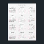 Simple Black White 2026 New Year Magnetic Calendar<br><div class="desc">Custom,  beautiful elegant script typography,  simple plain black and white,  2026 full year,  home room office decor,  cool,  thin,  postcard size,  yearly calendar magnet,  for any magnetic surface at home or office. Makes a great custom gift for friends,  family,  peers,  co-workers,  for holidays,  christmas,  new years.</div>