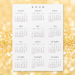 Simple Black White 2026 New Year Magnetic Calendar<br><div class="desc">Custom, beautiful elegant script typography, simple plain black and white, 2026 full year, home room office decor, cool, thin, postcard size, yearly calendar magnet, for any magnetic surface at home or office. Makes a great custom gift for friends, family, peers, co-workers, for holidays, christmas, new years.</div>