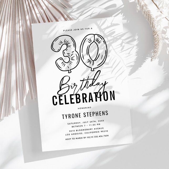 Simple Black & White 30th Birthday Party Invitation (Creator Uploaded)