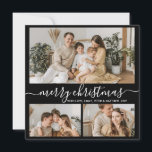 Simple Black White 3 Photo Collage Christmas Holid Holiday Card<br><div class="desc">Elegant, Simple, Handwritten Calligraphy Black and White 3 Photo Collage Merry Christmas Script Holiday Card. This festive, minimalist three (3) photo holiday card template features a nice photo collage and says „Merry Christmas”! The „Merry Christmas” greeting text is written in a pretty hand lettered swirly swash-tail font in white on...</div>