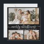 Simple Black White 3 Photo Collage Christmas Holid Holiday Card<br><div class="desc">Elegant, Simple, Handwritten Calligraphy Black and White 3 Photo Collage Merry Christmas Script Holiday Card. This festive, minimalist three (3) photo holiday card template features a nice photo collage and says „Merry Christmas”! The „Merry Christmas” greeting text is written in a pretty hand lettered swirly swash-tail font in white on...</div>
