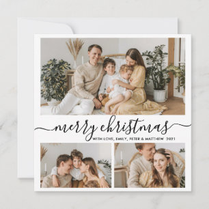 Simple Black White 3 Photo Collage Christmas Holiday Card