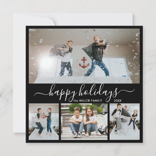 Simple Black White 4 Photo Collage Happy Holiday Card (Front)