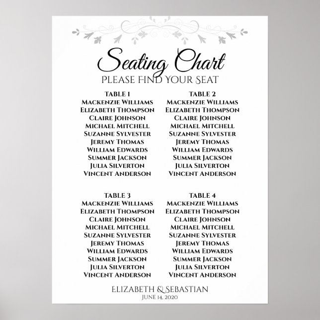 Simple Black & White 4 Table Wedding Seating Chart (Front)