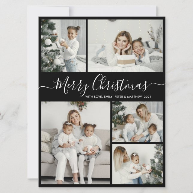 Simple Black White 5 Photo Collage Christmas Holiday Card (Front)