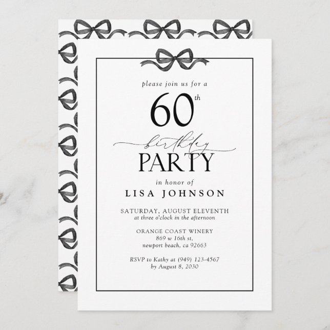 Simple Black & White 60th Birthday Party Bow Invitation (Front/Back)