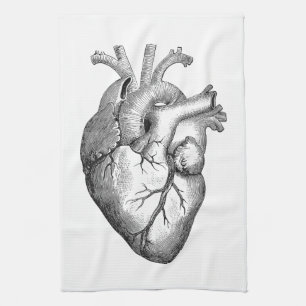 Simple Black White Anatomy Heart Illustration Tea Towel