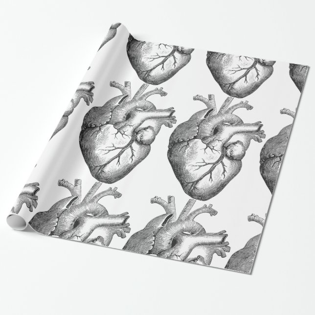 Simple Black White Anatomy Heart Illustration Wrapping Paper (Unrolled)