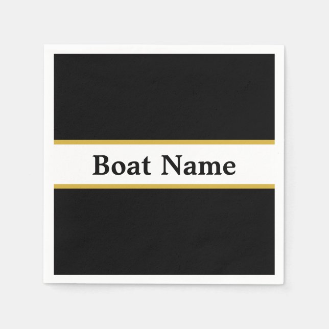 Simple Black White and Gold with Boat Name Napkin (Front)