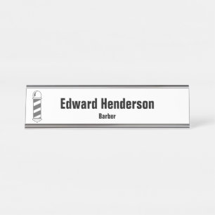 Simple Black White and Grey Barber Pole Barber Desk Name Plate