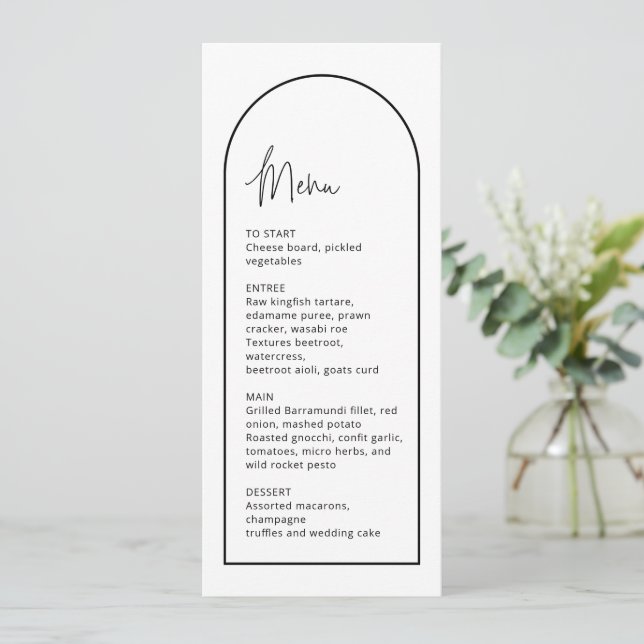 Simple Black & White Arch Wedding Menu Card (Standing Front)