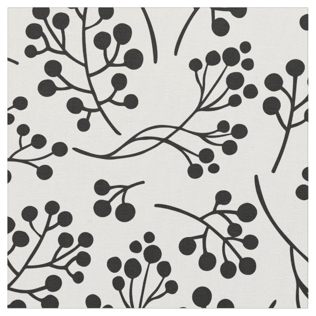 Simple Black White Berry Botanical Pattern Fabric (Close Up)