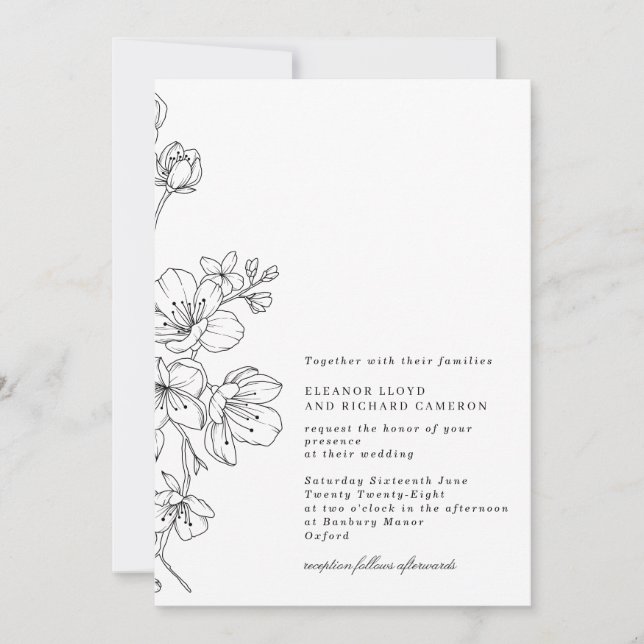 Simple Black & White Blossom Floral Wedding Invitation (Front)