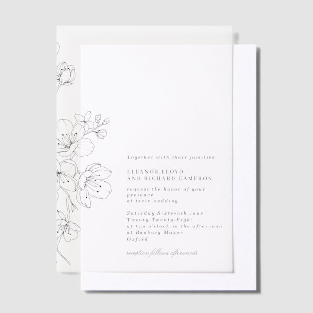 Simple Black & White Blossom Floral Wedding Vellum Invitations (Offset)