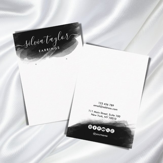Simple Black White Calligraphy art Earring display Business Card (modern simple minimalist black watercolor brush stroke)