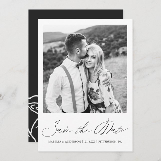 Simple Black White Calligraphy Floral Photo Save The Date (Front/Back)