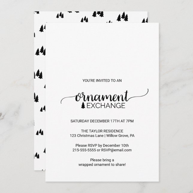 Simple Black & White Calligraphy Ornament Exchange Invitation (Front/Back)