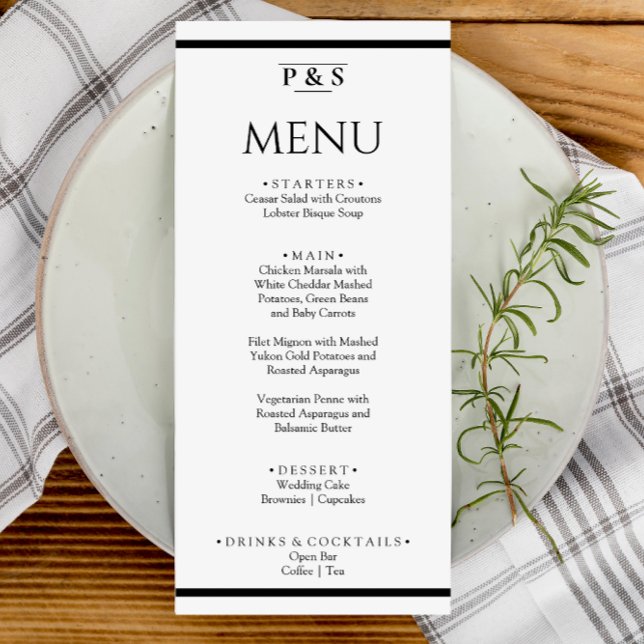 Simple Black & White Chic Monogram Dinner Wedding  Menu (Creator Uploaded)