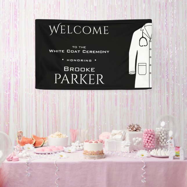 Simple Black  White Coat Ceremony Welcome Backdrop Banner (Party)