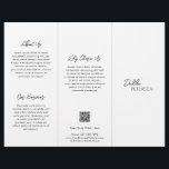 Simple Black White Contemporary QR Code Modern Flyer<br><div class="desc">Modern and professional black and white trifold brochure flyer featuring a simple and minimal design with your name in an elegant script and contemporary sans serif font. The template includes several divided sections for your services in a minimalist layout. The back has your contact info and optional QR code. If...</div>
