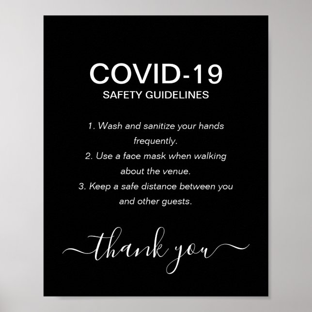 Simple Black & White Covid Safety Guidelines Party Poster (Front)