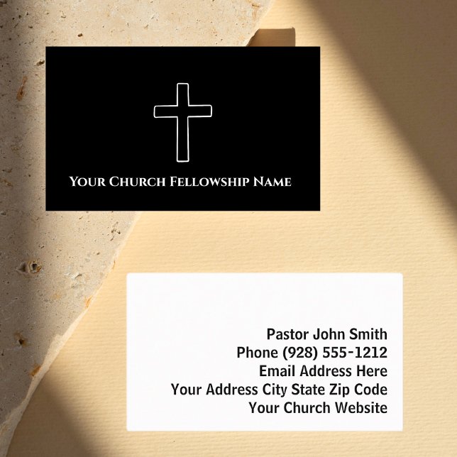 Simple Black White Cross Outline Church Pastor Business Card (Creator Uploaded)
