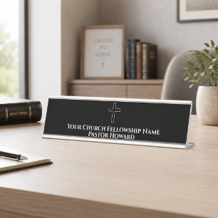 Simple Black White Cross Outline Church Pastor Desk Name Plate