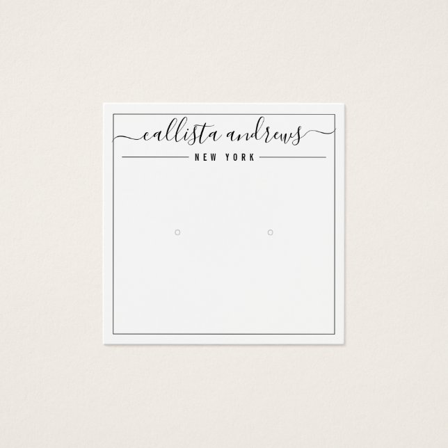 Simple Black White Cursive Earring Display Card (Front)