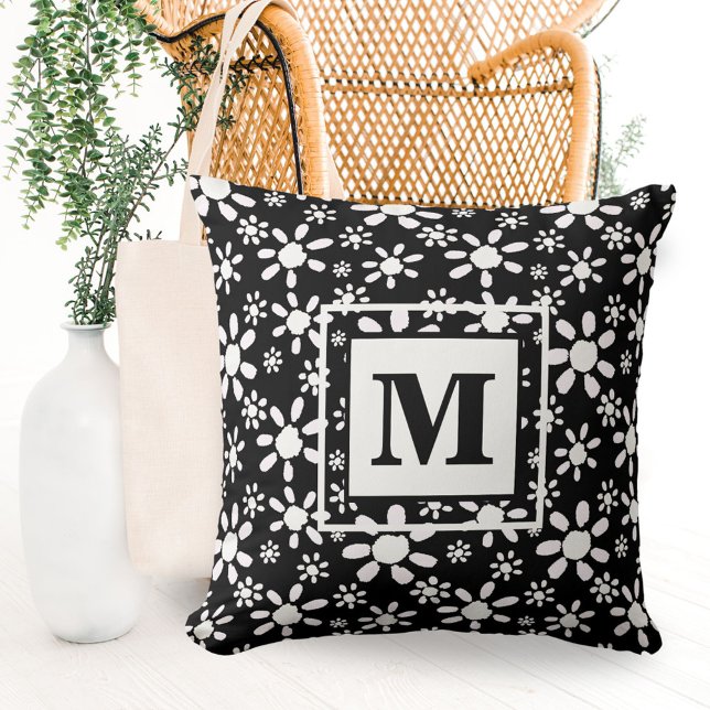 Simple Black White Daisy Flower Pattern Monogram Cushion (Creator Uploaded)