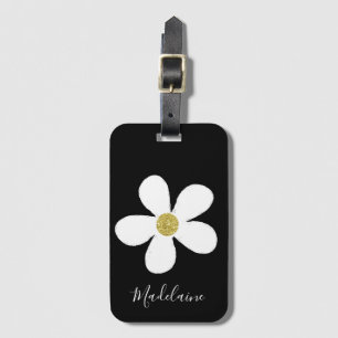 Simple Black White Daisy Gold Personal Travel Luggage Tag