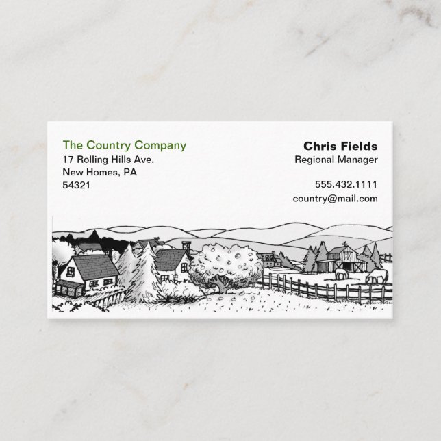 Simple Black & White Drawing - Country Scene Business Card (Front)